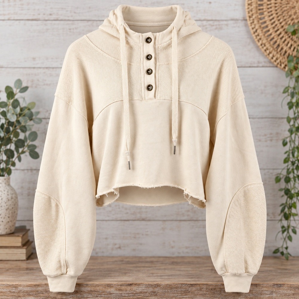 POL Hoodie Sweatshirt L Cream Cropped Henley Ivory Lagenlook Oversized Slouchy